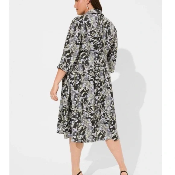 Torrid Black Floral Midi Dress fit & flare wrap size 1X white chartreuse v-neck - Picture 16 of 16